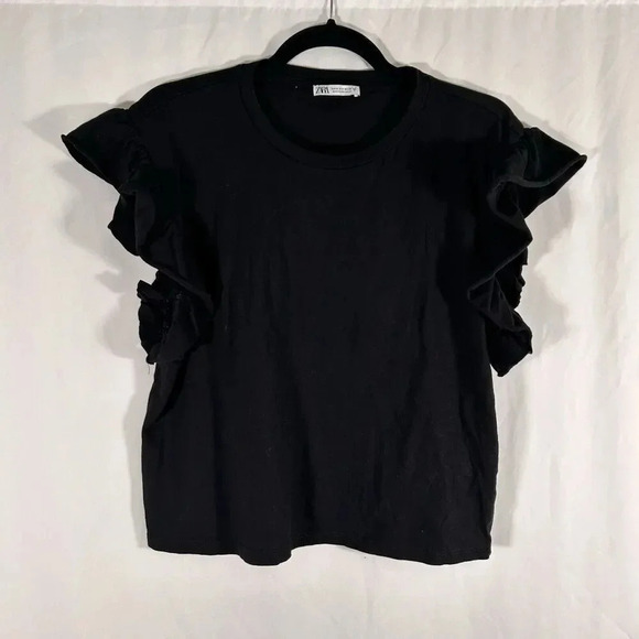 Zara Blouse Women's Medium Solid Black Short Sleeve 100% Cotton - Picture 1 of 9